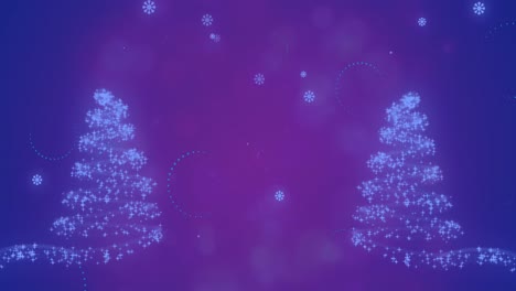 animation of christmas trees and snow falling on purple background