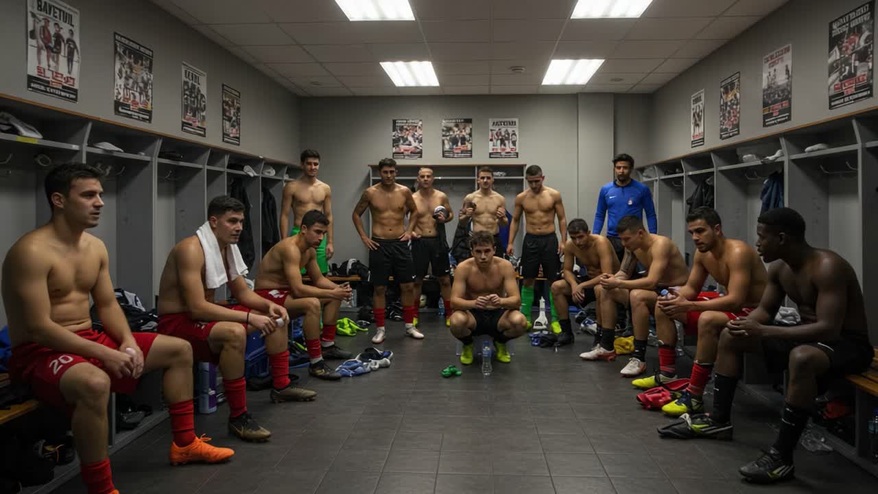 A Group of Athletic Young Men Engaged in Strategic Discussion in a Sports Locker Room, Fostering Team Spirit and Preparation for Their Upcoming Match