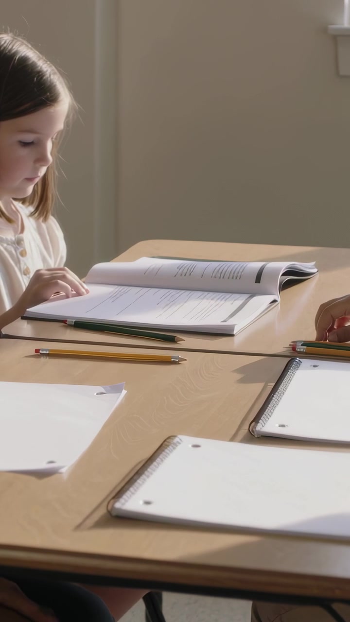 Vertical video: Entering hand, child in light top tracing workbook for study at table, copy space