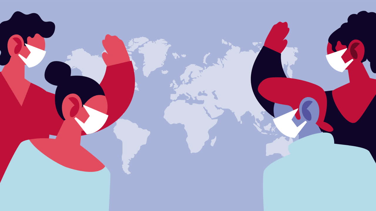 코로나19를 예방하기 위해 얼굴 마스크를 쓰는 사람들과 지구 지도