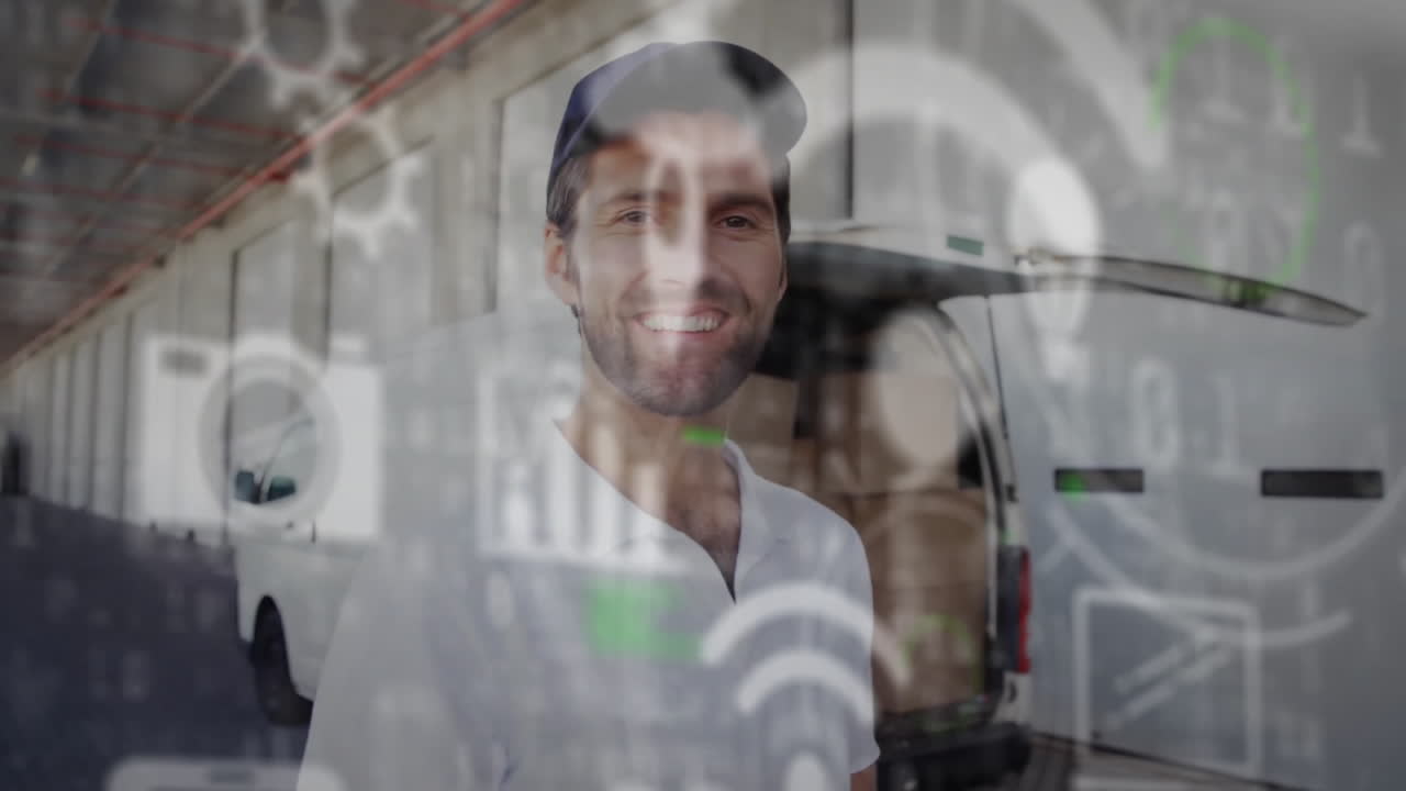 Animazione di rete di connessioni su fattorino caucasico sorridente vicino a un furgone con scatole.