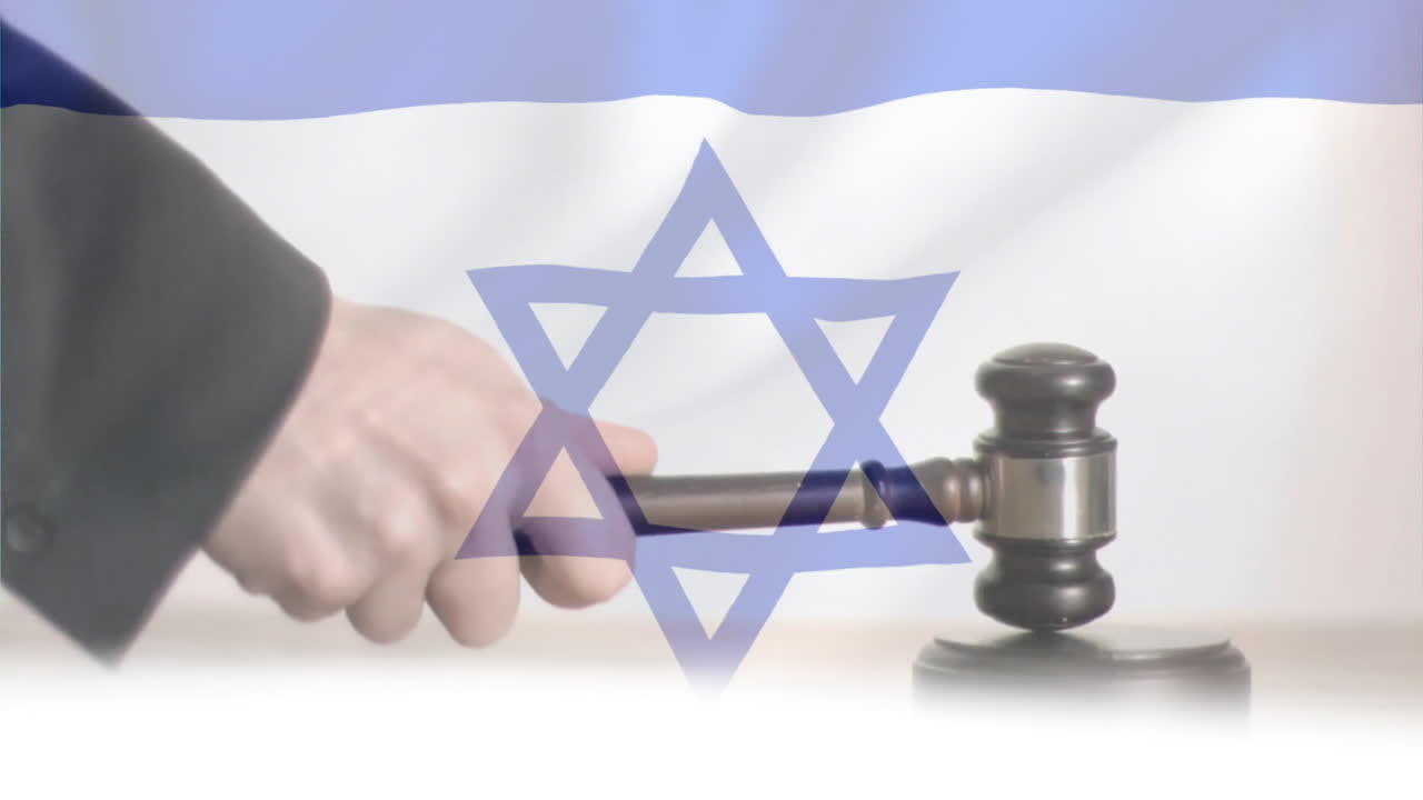 Animation of israel flag over caucasian male judge using gavel
