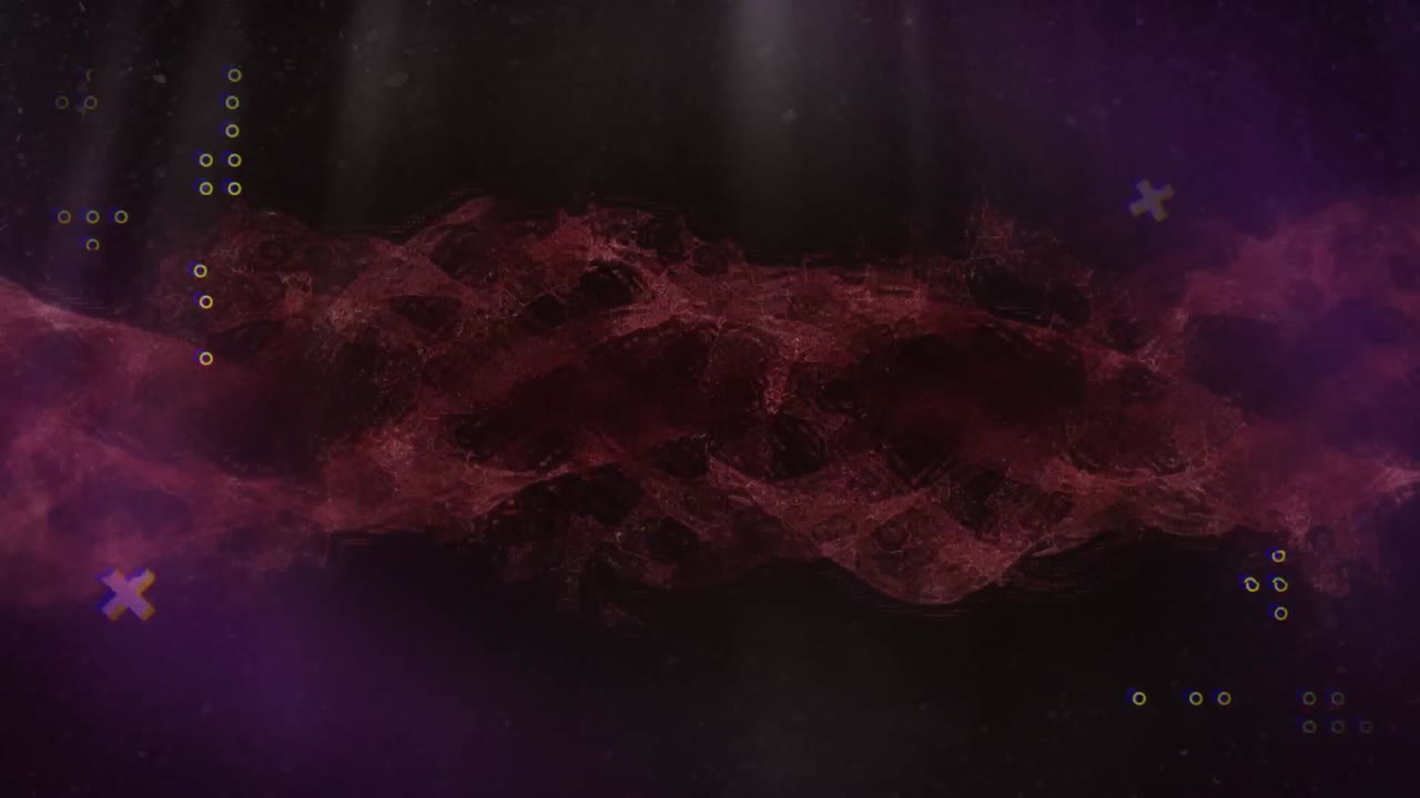 animación de cruces y puntos blancos distorsionados sobre una nube de vapor roja sobre fondo negro