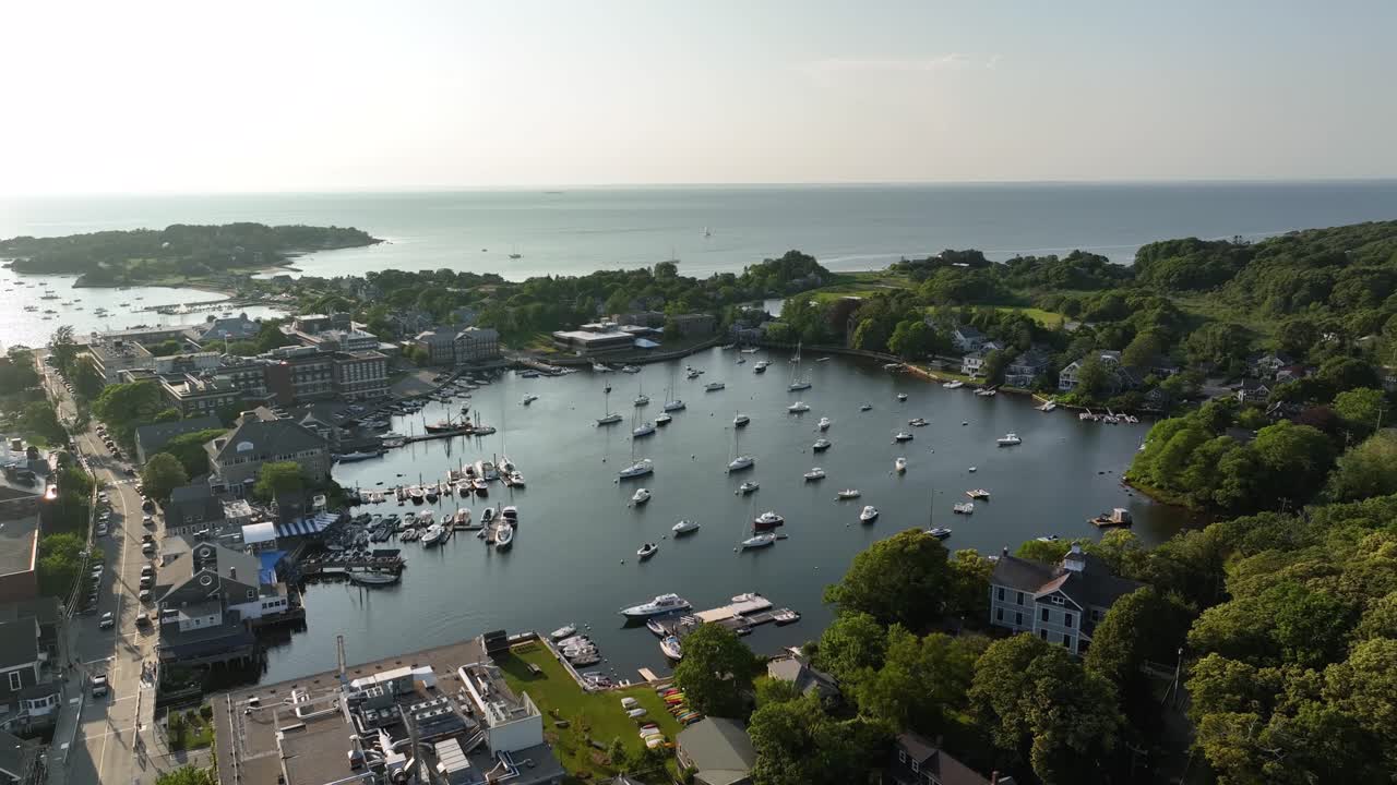 Aerial shot of boats safely moored in Cape Cod's Eel Pond