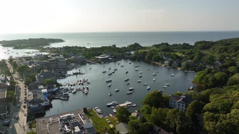 Aerial shot of boats safely moored in Cape Cod&#039;s Eel Pond