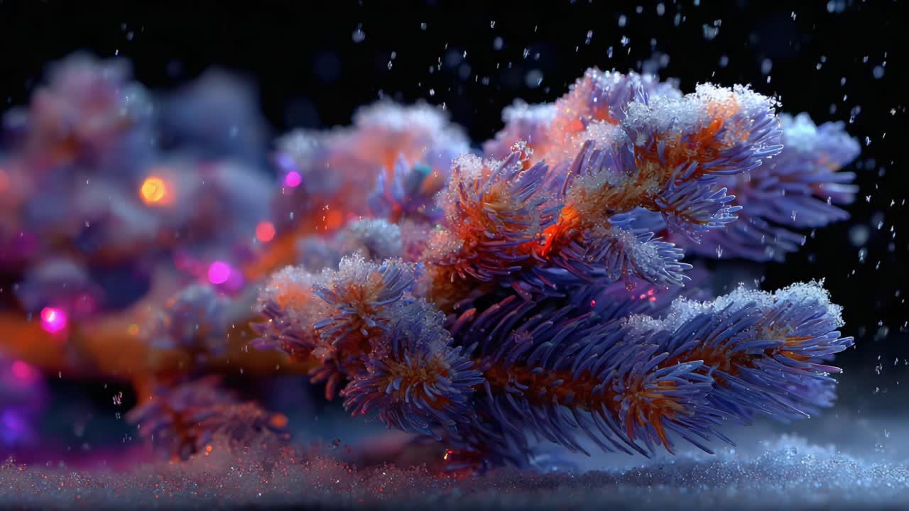 A Beautiful Close-Up of a Frosted Branch with Colorful Lights and Snowfall, Capturing the Essence of Winter Wonder and Festive Spirit in a Serene Atmosphere