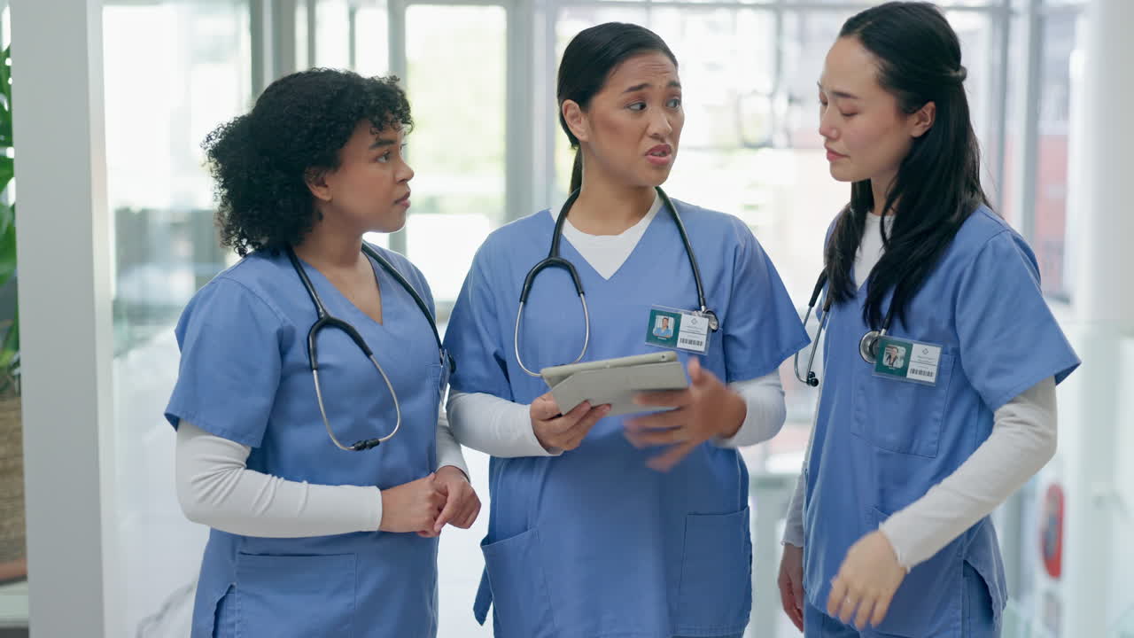 Hospital, nurse and women on tablet in discussion