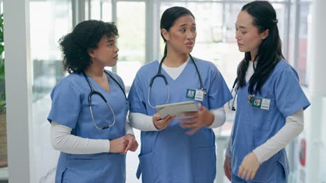 hospital, nurse and women on tablet in discussion