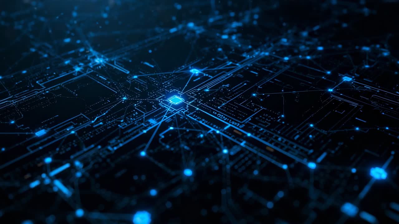 Detecting first light pulses, camera pulling back, panning over matrix around glowing central node