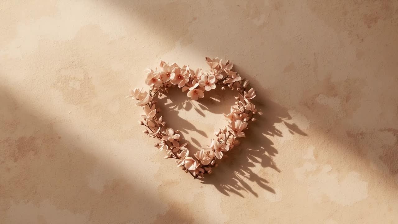 Camera in movimento che rivela fiori rosa pallido a forma di cuore su un tavolo color cuoio; raggio di luce che muove le ombre e mostra i dettagli