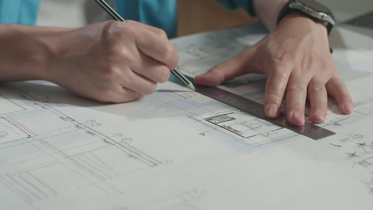 Close Up Of Hand'S Man Engineer Drawing Blueprint