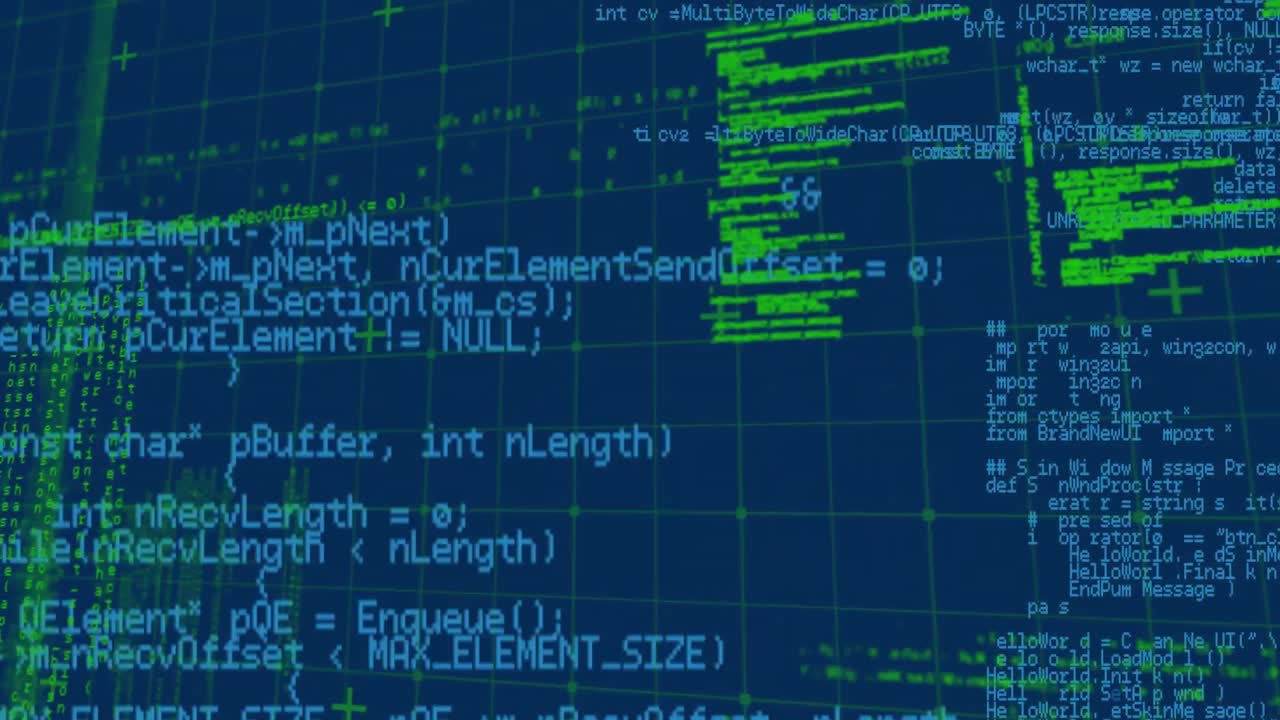 animation der datenverarbeitung über ein raster auf blauem hintergrund