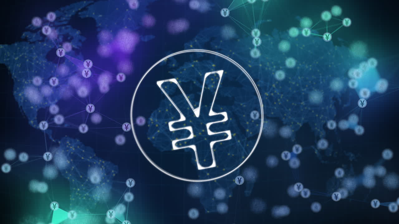 Glowing Japanese yen symbol on blue background with world map. Colored plexus lines with currency signs. Looped 3D animation.