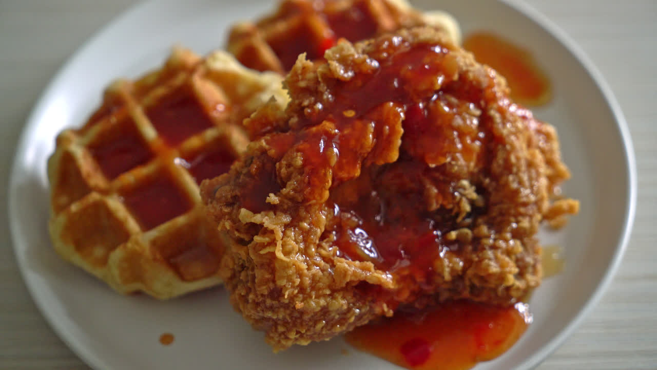 꿀 또는 메이플 시럽을 곁들인 수제 프라이드 치킨 와플