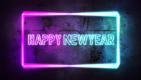 Animation-text-Happy-New-Year-and-neon-lights-on-wall-abstract-holiday-background