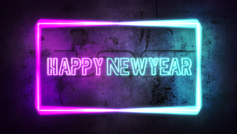 texto de animación feliz año nuevo y luces de neón en la pared fondo abstracto de vacaciones