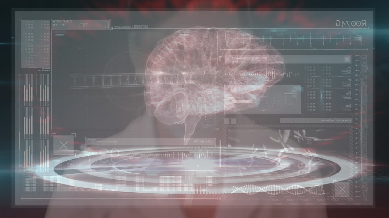 Animation of digital screen with human brain over caucasian woman with face mask