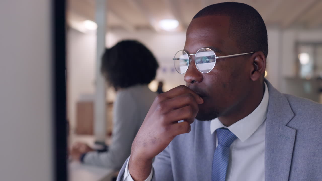 Face, computer and a business black man thinking
