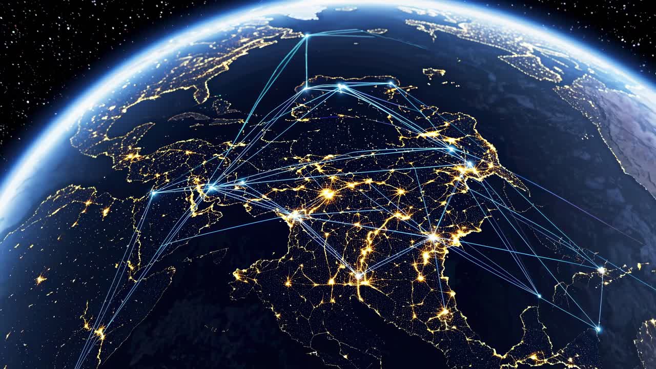 Aerial video view of Earth at night, showcasing illuminated cities and connected networks