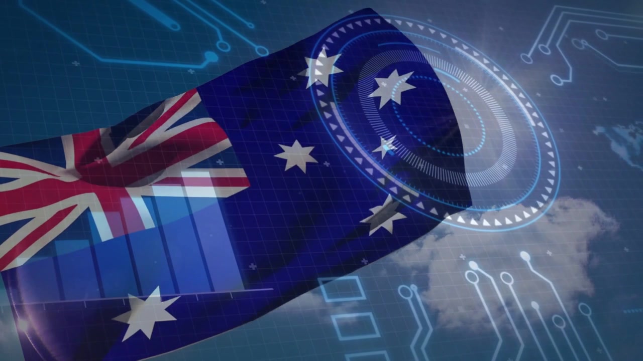 Conducción en reproducción con bandera australiana ondeando en el cielo, HUD pulsando, rastros creciendo y barras subiendo para la tecnología.