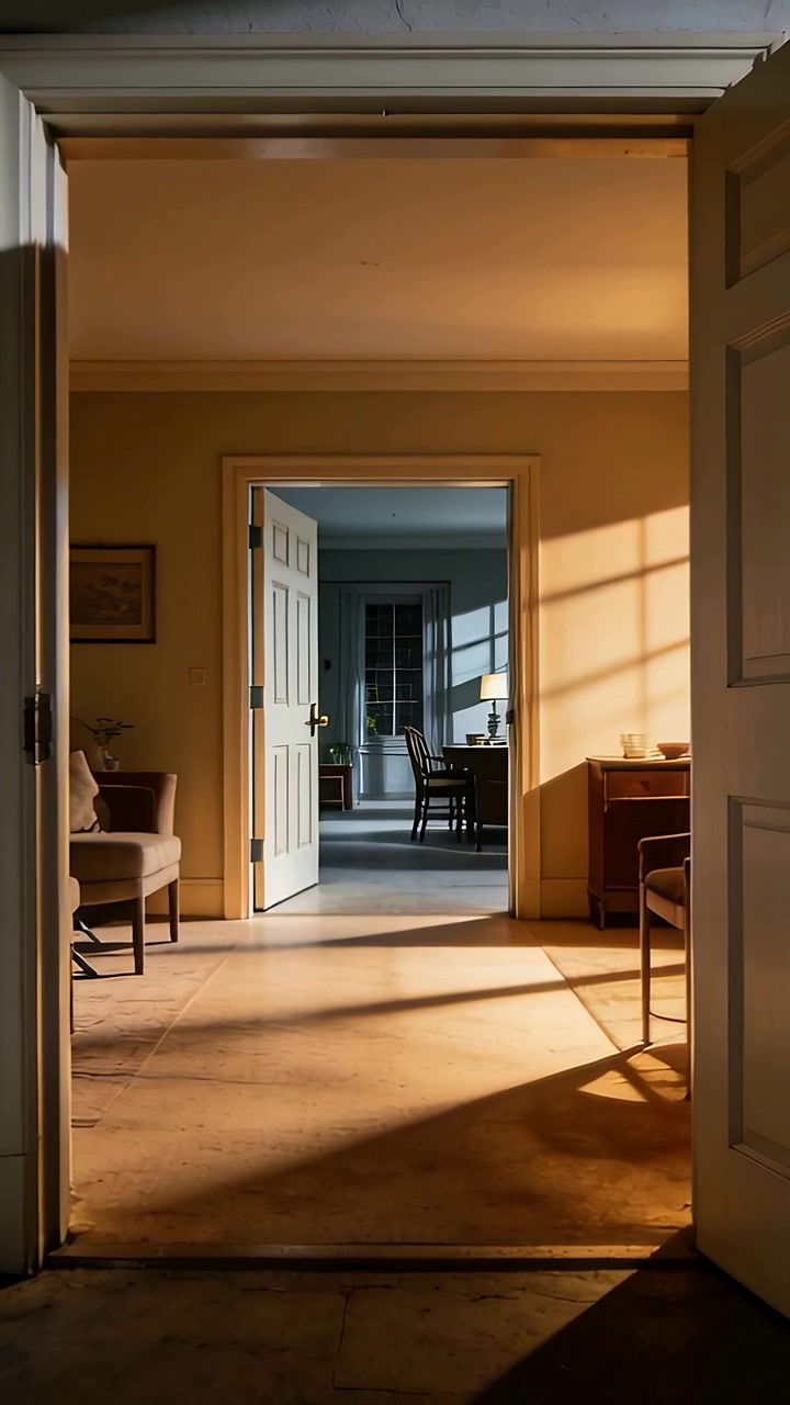Video verticale: Luce solare che si sposta attraversando una porta aperta e centrata in casa mentre il sole tramonta, con una poltrona.