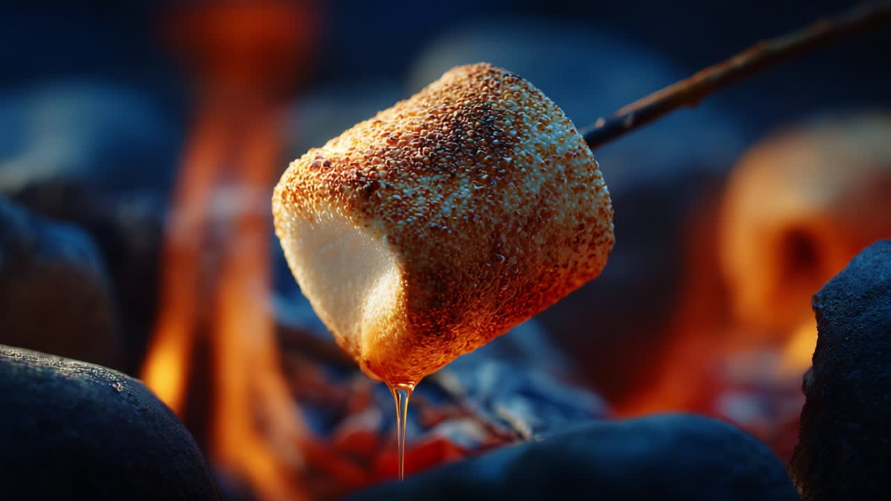 A Perfectly Toasted Marshmallow Dripping with Sweetness: The Art of Campfire Treats Captured in Two Frames, Evoking Nostalgia and Culinary Delight