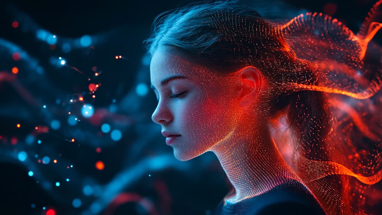 Vivid energy and emotion art. A young woman expresses tranquility as colorful light patterns illuminate her face in a digital art style