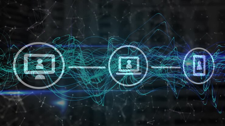 Animation of data processing with icons over shapes