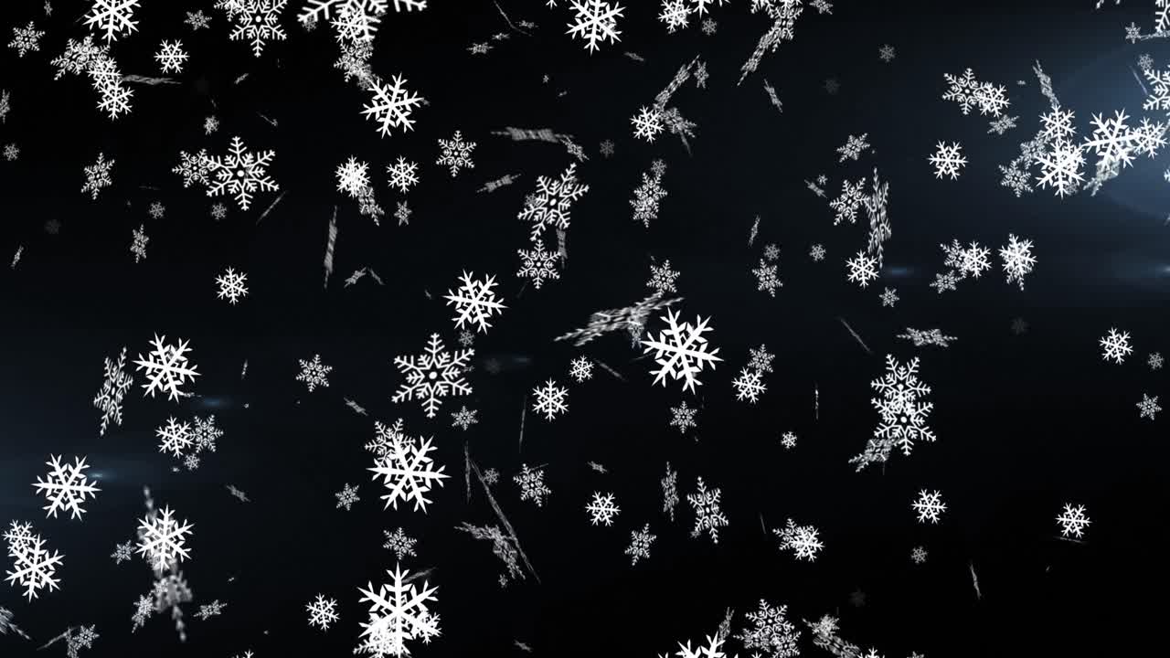 Digital animation of snow flakes falling against spots of light against black background