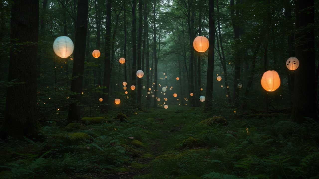 Foresta incantata decorata con lanterne illuminate che creano un'atmosfera magica di meraviglia e serenità tra la lussureggiante vegetazione dell'abbraccio della natura