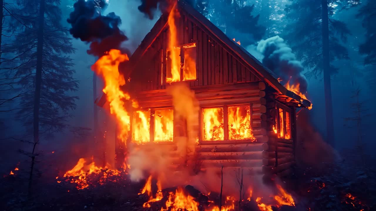 una capanna di legno in fiamme nel bosco di notte