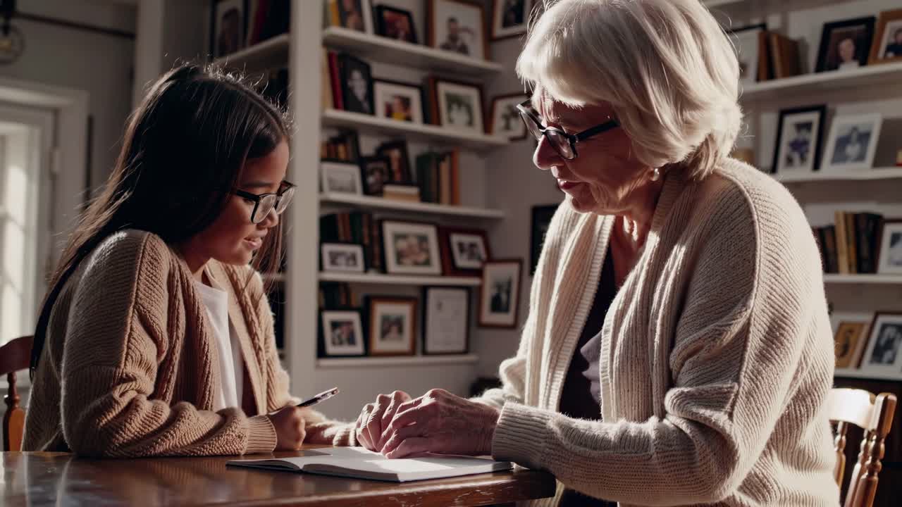Warm video scene of two women, one elderly, one younger, sharing a moment at a table