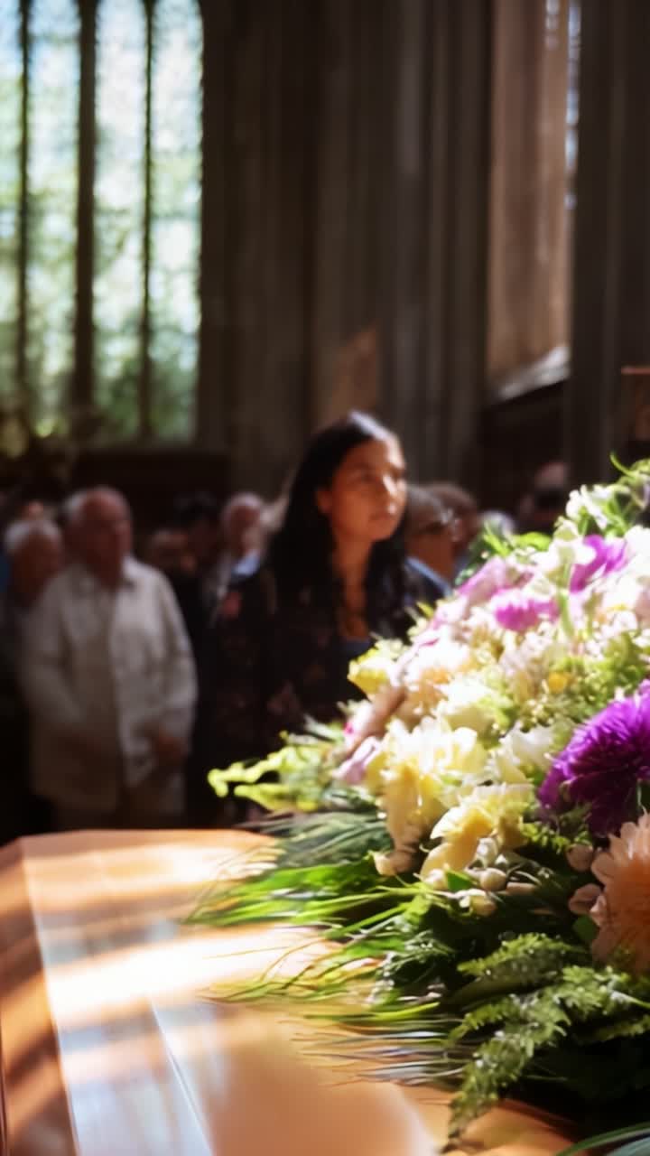 Riflessione cupa in un luogo della memoria, mentre una giovane donna rende omaggio a una persona cara circondata da fiori e da una folla attenta di amici e familiari