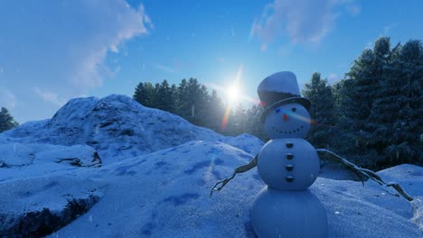 Winter,-natural-environment,-with-snowman-with-a-black-hat,-snow-falling,-clouds-passing-by,-sunset,-blue-sky,-pine-trees,-and-cliffs-3D-photorealistic-animation-camera-dolly-out