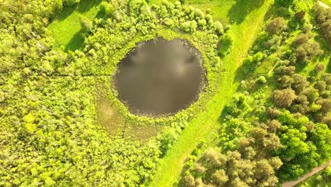 aerial flight from top bottom over an small lake with perfectly round shape.