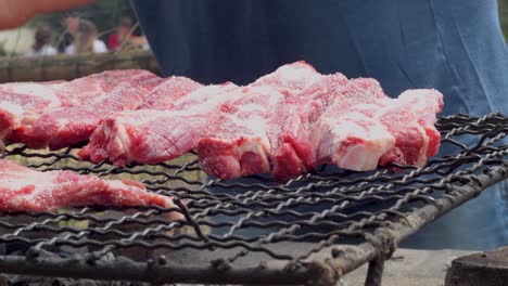 가족 과 친구 들 과 함께 바베큐 를 하기 위해 그릴 에 생고기 조각 을 놓고 있는 근접적 인 모습