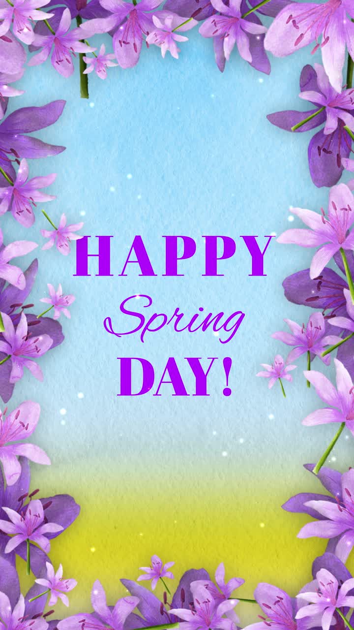 Happy Spring Day Message with Purple Flowers and Glitter