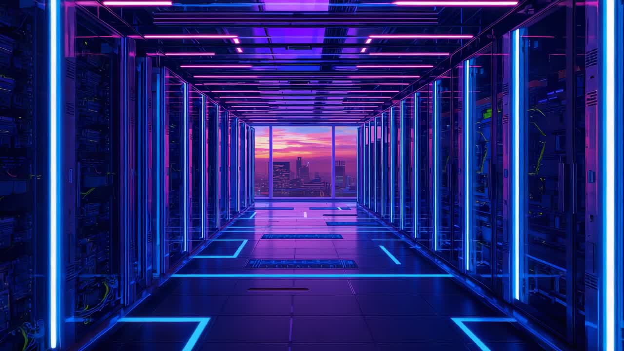 Playback starting camera staying static in server corridor capturing neonlit racks, sunset skyline