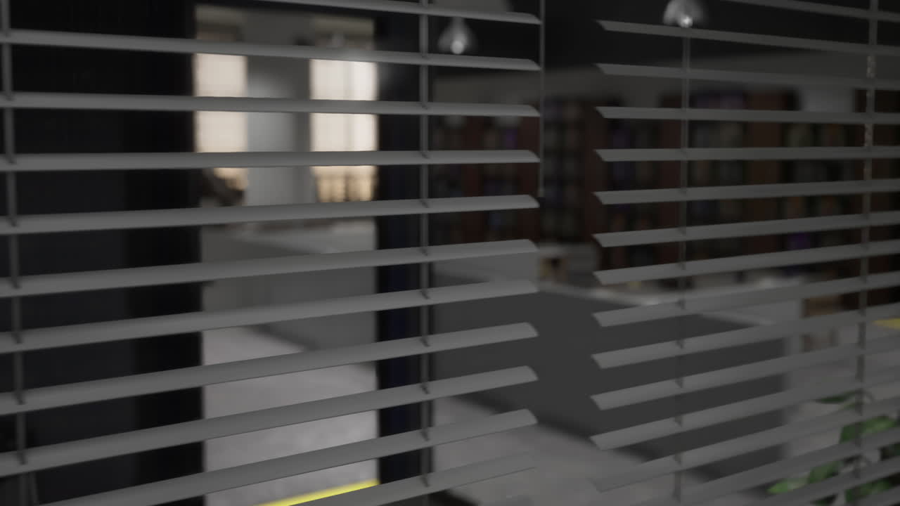 Shadows dance through blinds during a quiet evening in a cozy study