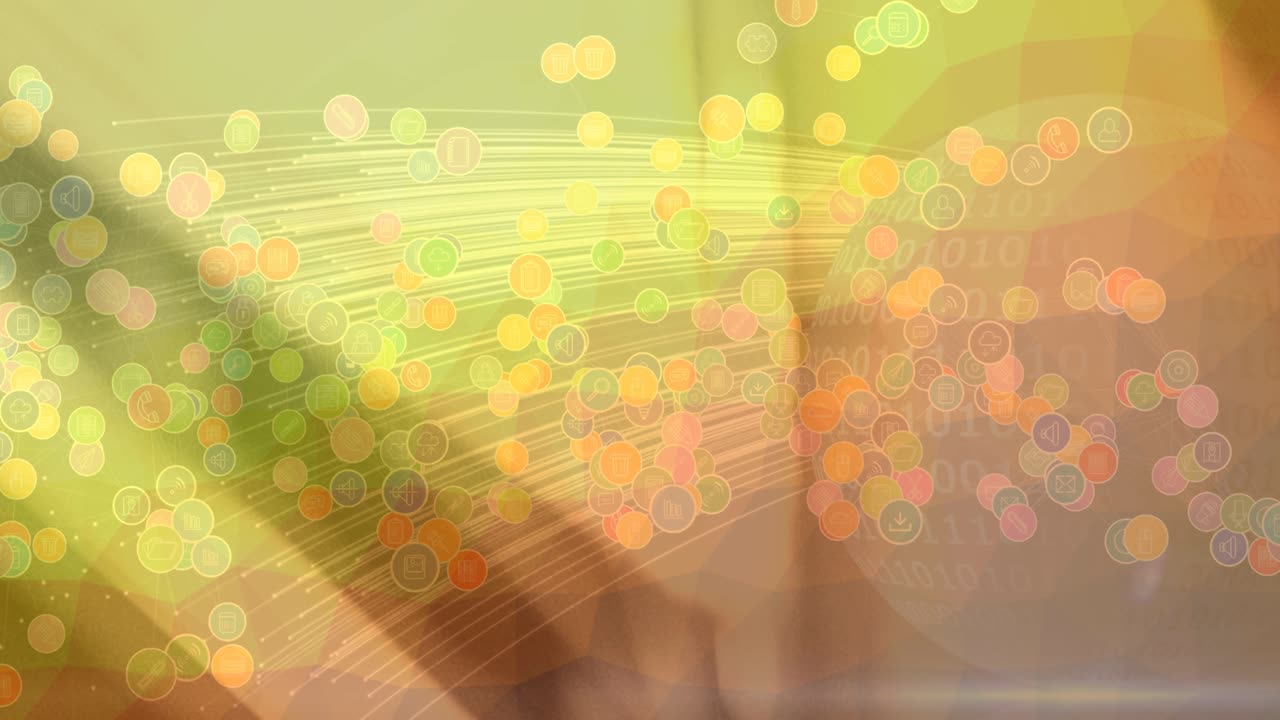 노란색 배경 위에 디지털 아이콘이 있는 지구의 애니메이션