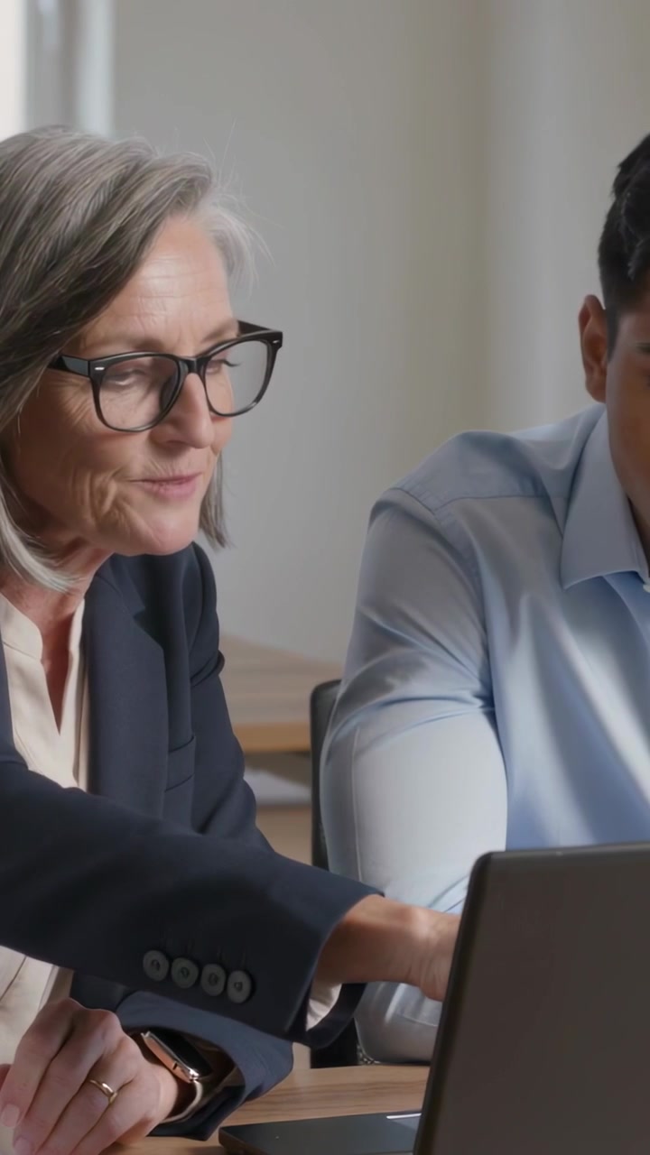 Video verticale: Mentore che indica e guida un collega dopo un aggiornamento del laptop in ufficio, abito scuro, orologio, occhiali.