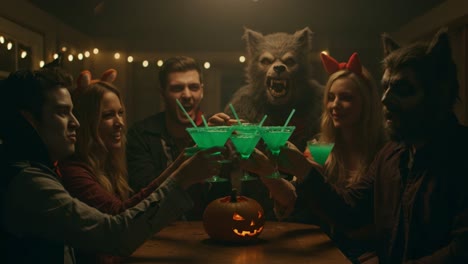 a spooktacular celebration: friends raise glasses of green cocktails amidst halloween decorations and eerie costumes in a festive gathering