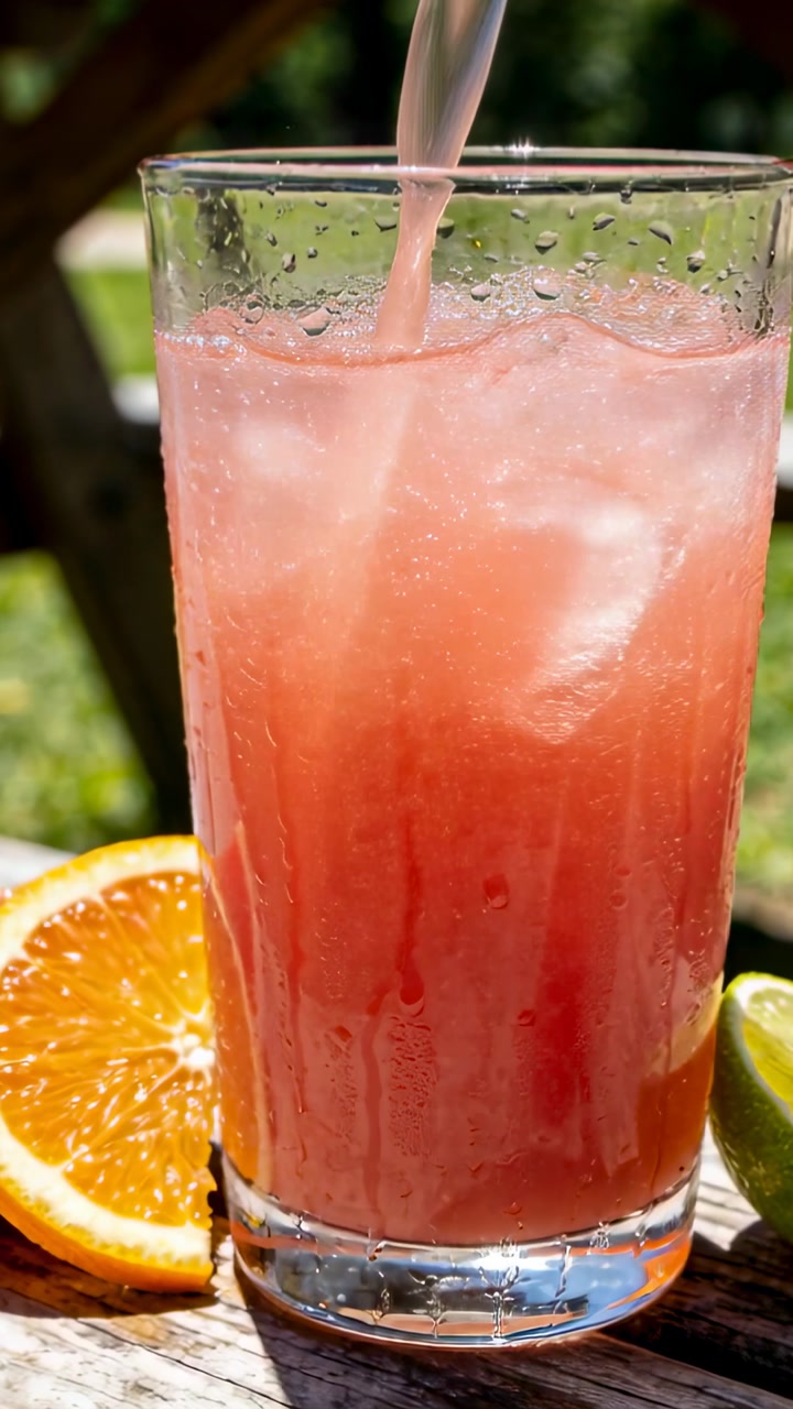 Vertical video: Pouring pink stream from top into tall glass outdoors, filling near orange and lime