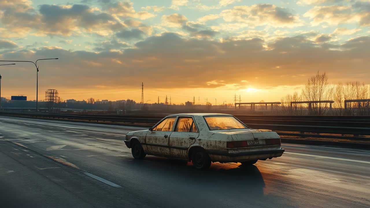 Old car on highway at sunset
