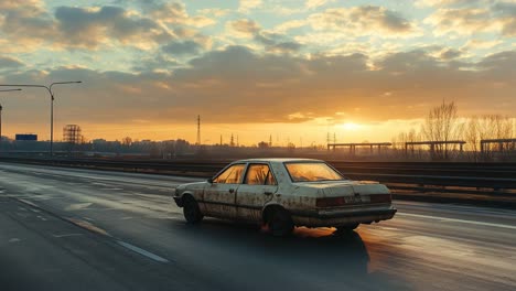 old car on highway at sunset