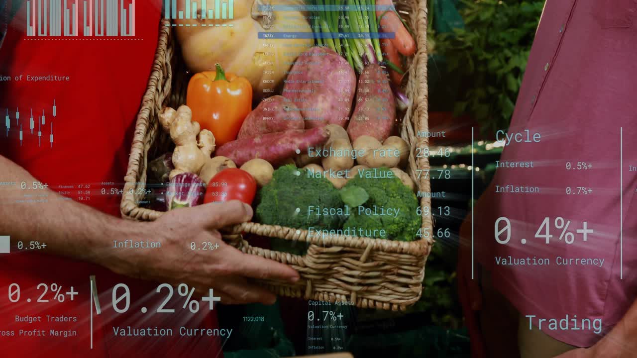 Market vendor adjusting basket shopper steadying sliding hand starting pass to buy under HUD charts