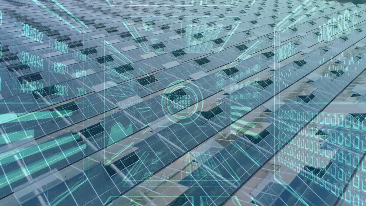 Animation overlaying data and graphs on futuristic building facade in cityscape