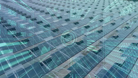 animation overlaying data and graphs on futuristic building facade in cityscape
