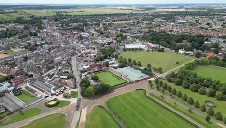 High-angle-drone,aerial-High-street-Newmarket-town-Suffolk-UK