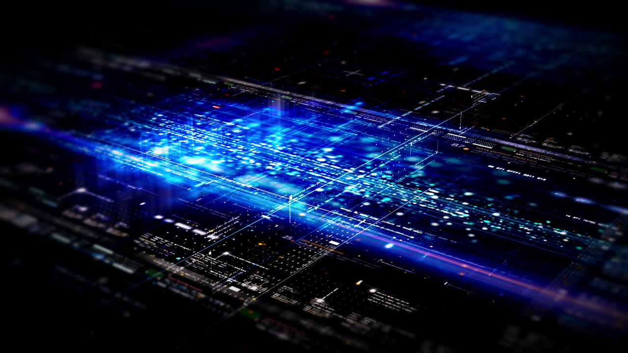 Futuristic abstract de-focus flowing data matrix, meta, metaverse, telemetry and encrypt numbers display with particles simulation in cyber space environment for head up display background